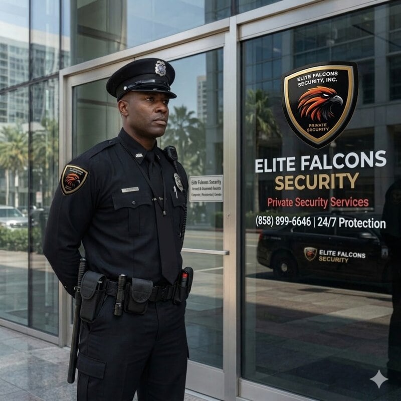 A security guard in uniform stands by a glass entrance displaying "Elite Falcons Security" branding and contact information.