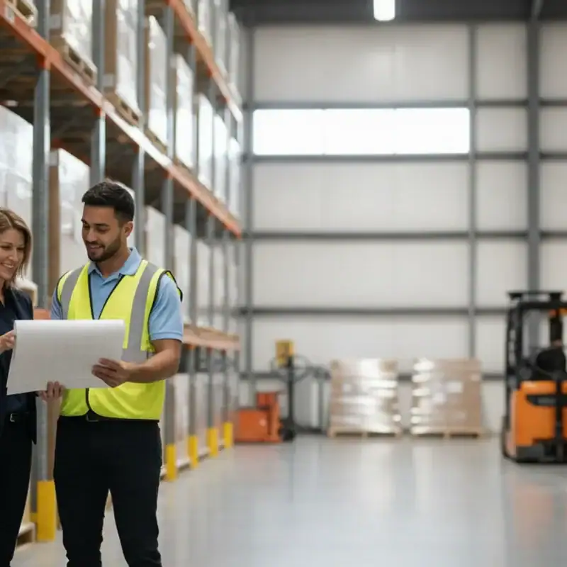 Warehouse supervisor reviewing a work plan with a new team member on a distribution floor