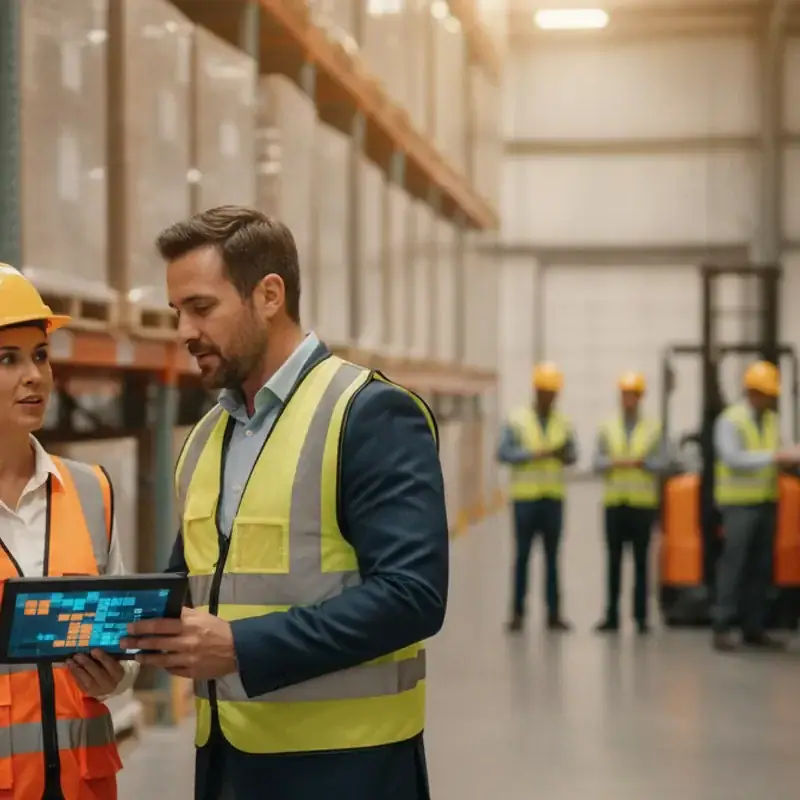 Warehouse supervisor and staffing partner reviewing a seasonal workforce plan on a tablet