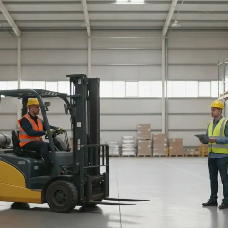 Forklift operator practicing in a clean warehouse under an instructor’s supervision
