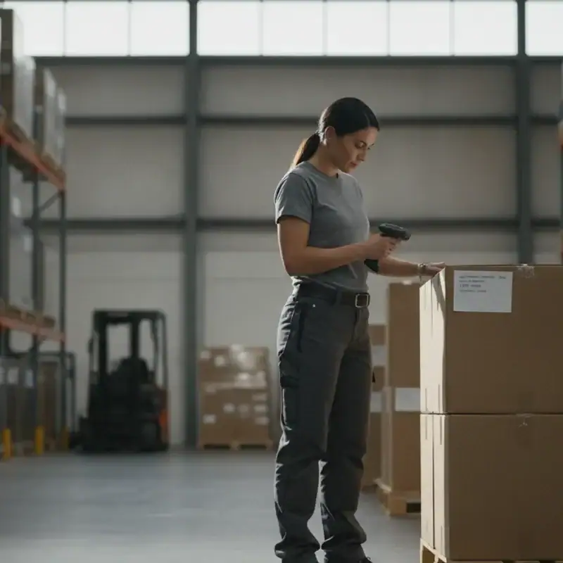 Warehouse worker checking a package at a distribution center near Lancaster, Texas