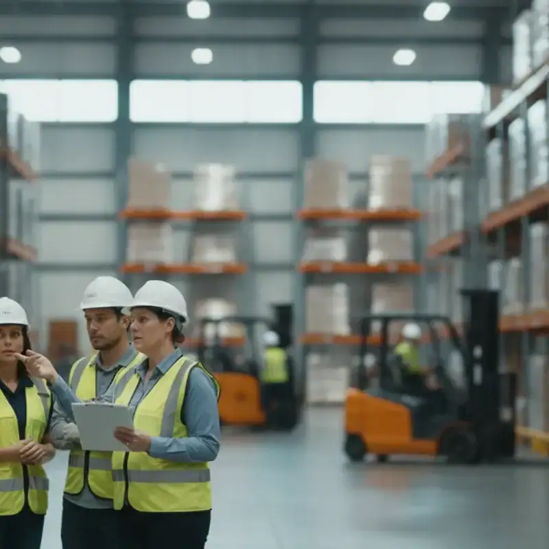 Distribution center supervisor reviewing a workforce plan with warehouse staff in the background
