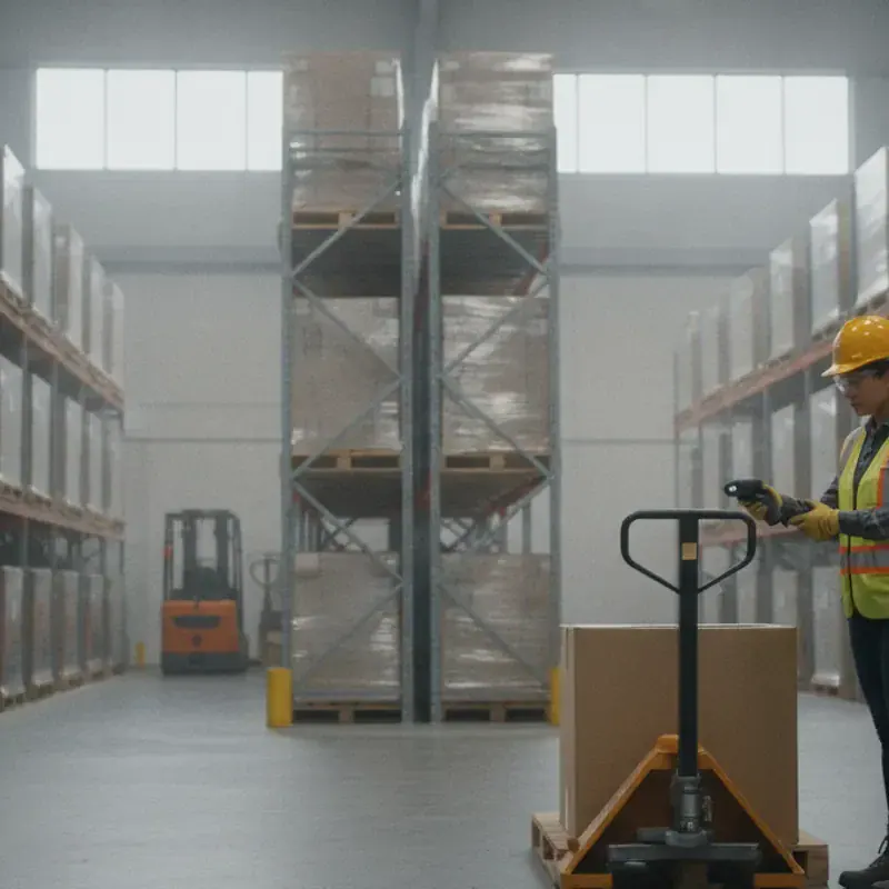 Warehouse employee preparing an order in a clean, organized industrial facility near Ennis, Texas
