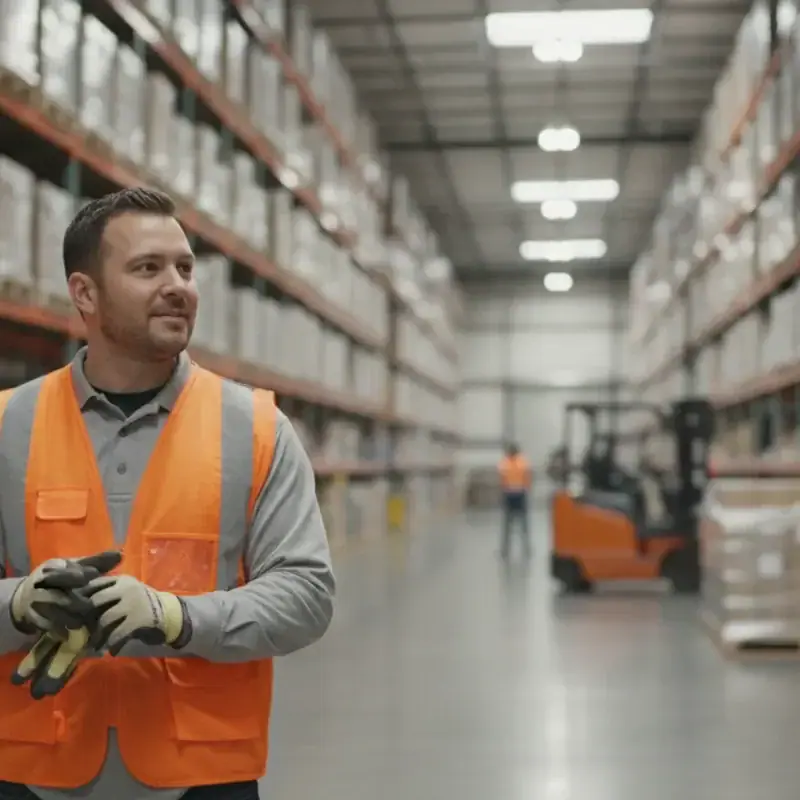 Light industrial worker preparing for a shift in a clean, organized DFW warehouse