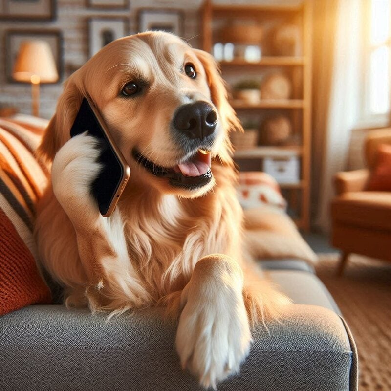 Golden retriever que llama por teléfono, ilustrando servicio atención telefónica de 30 minutos