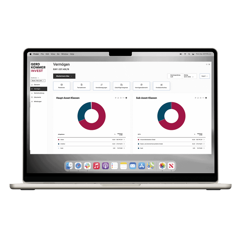 Laptop zeigt Asset-Allokation mit Tortendiagrammen im Gerd Kommer Invest Dashboard.