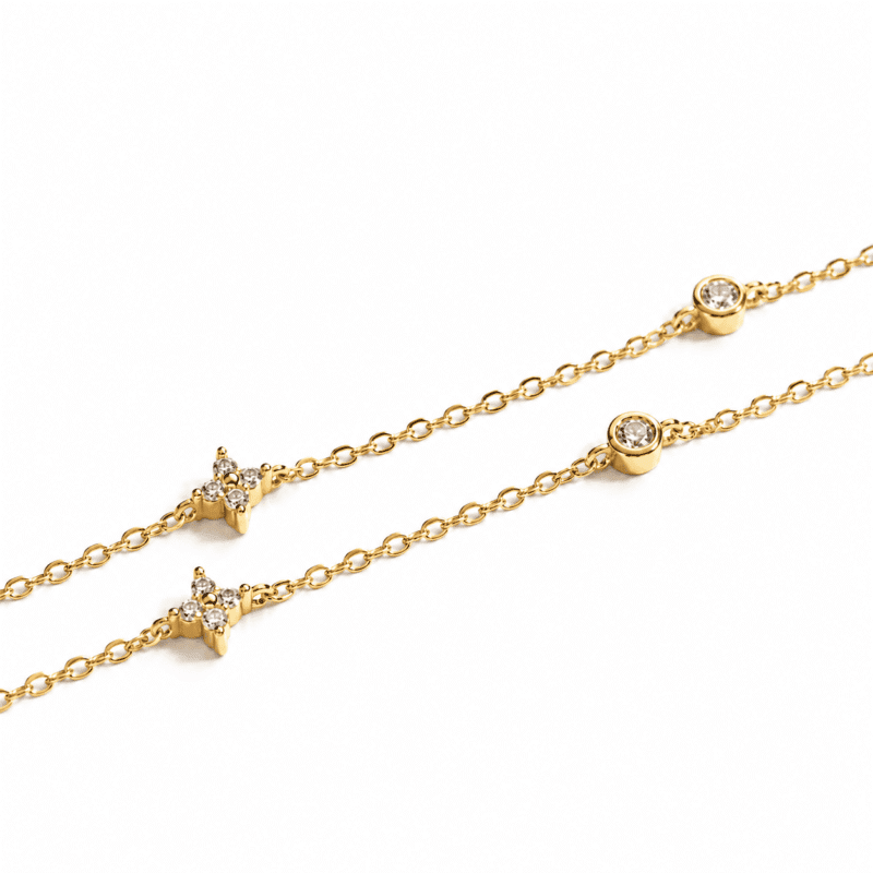 Close-up of the gold Valenne Clover Choker showing bezel-set stones and four-petal clover motifs