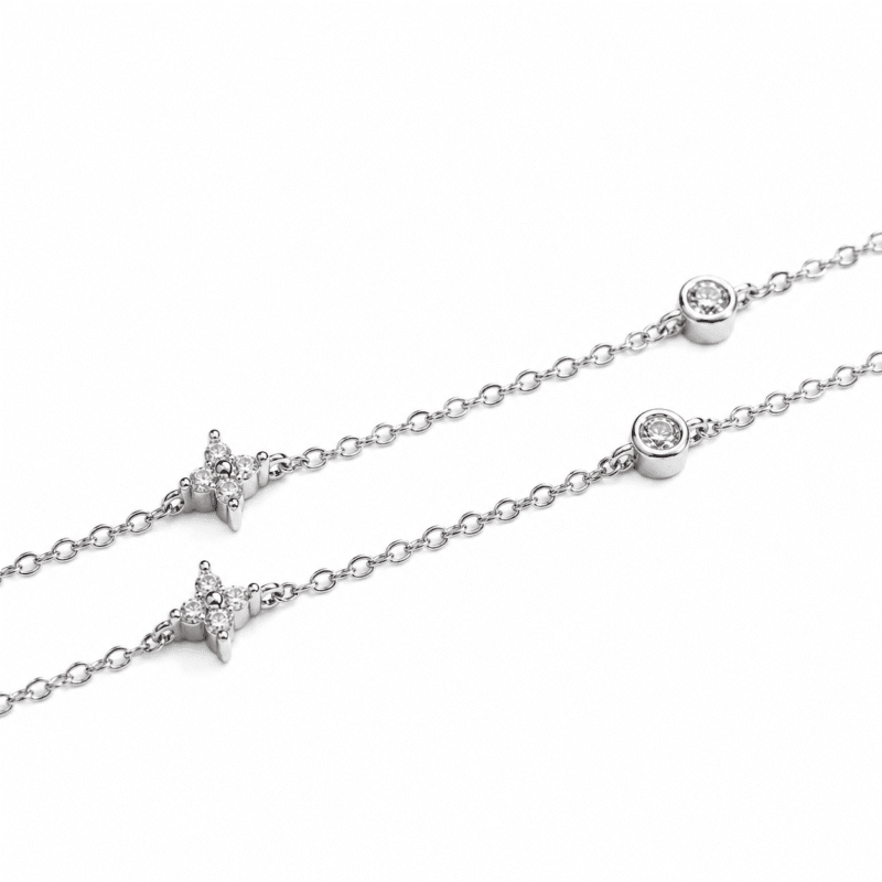 Close-up of the silver Valenne Clover Choker showing moissanite bezel stations and clover motifs