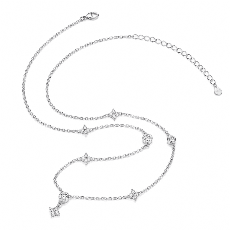 Full view of the silver Valenne Clover Choker with adjustable chain and moissanite clover details