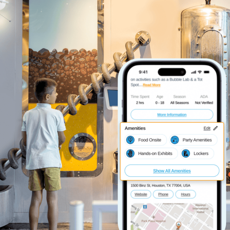 kid in museum playing with an exhibit. GoWhee app screenshot with amenities showing.