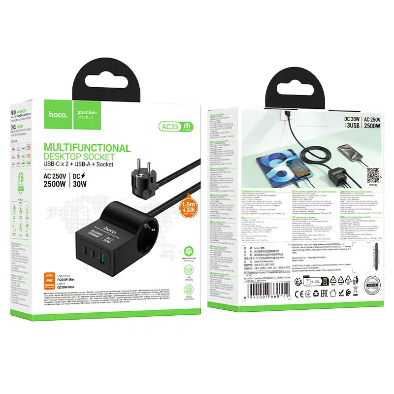 hoco-ac33-win-1position-pd30w-2c1a-power-strip-eu-ger-packaging — HOCO Israel