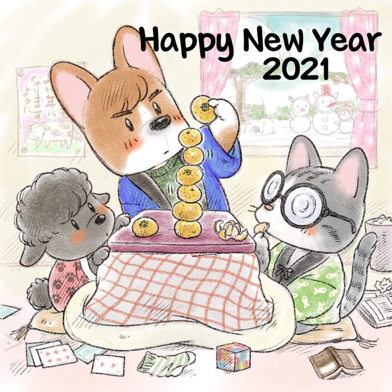 こたつを囲む犬と猫の動物キャラクター