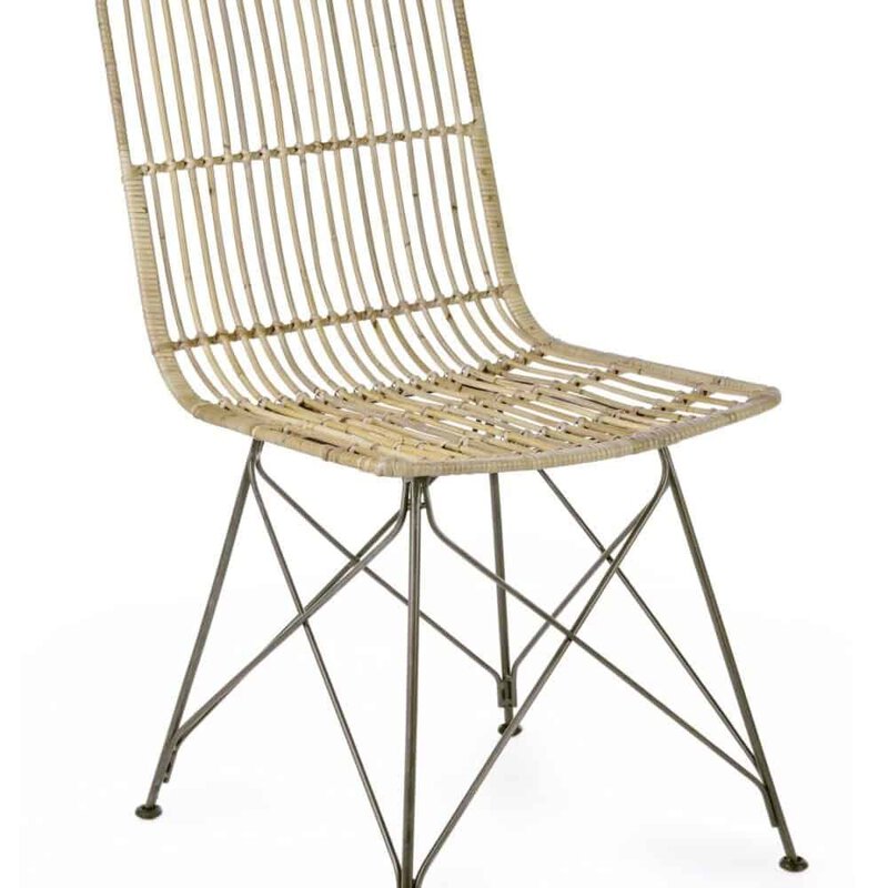 Sedia in rattan con struttura in metallo, perfetta per interni ed esterni, stile elegante e moderno.