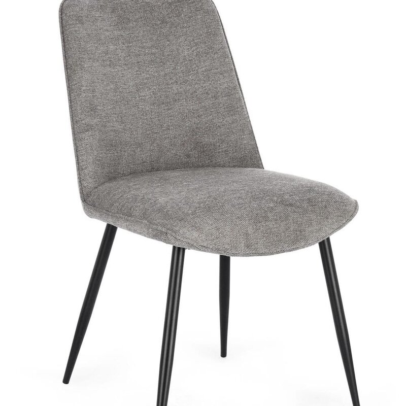 Sedia con schienale e sedile imbottito in tessuto grigio, struttura in legno nero, stile contemporaneo.
