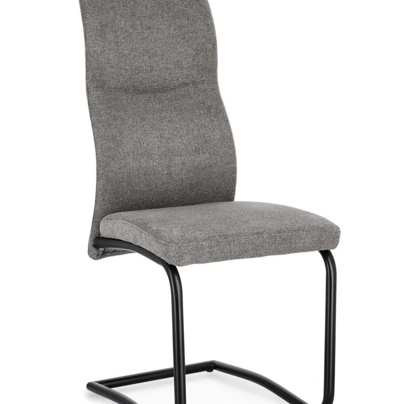 Sedia ergonomica con copertura in tessuto grigio e struttura in metallo nero, ideale per ufficio o soggiorno.