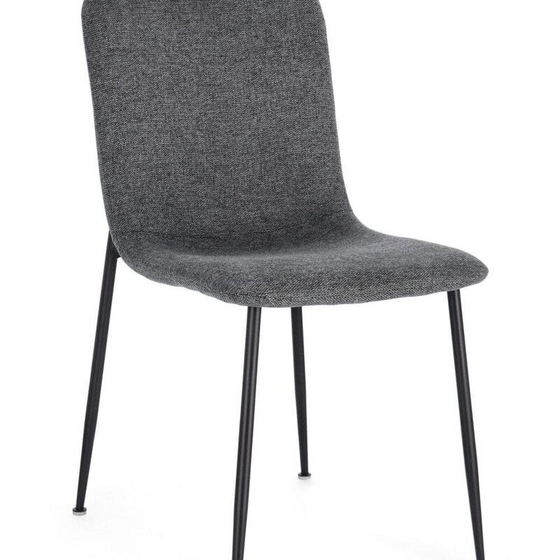 Sedia moderna con seduta e schienale in tessuto grigio scuro, struttura di supporto in metallo nero.