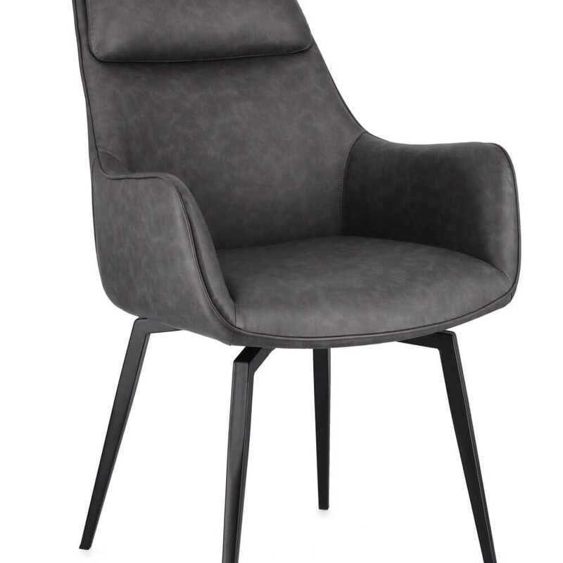 Poltrona in pelle grigia con design elegante, ideale per soggiorno o ufficio.