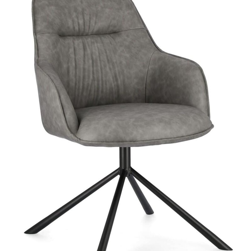 Sedia di design con rivestimento in tessuto grigio e struttura in metallo nero.