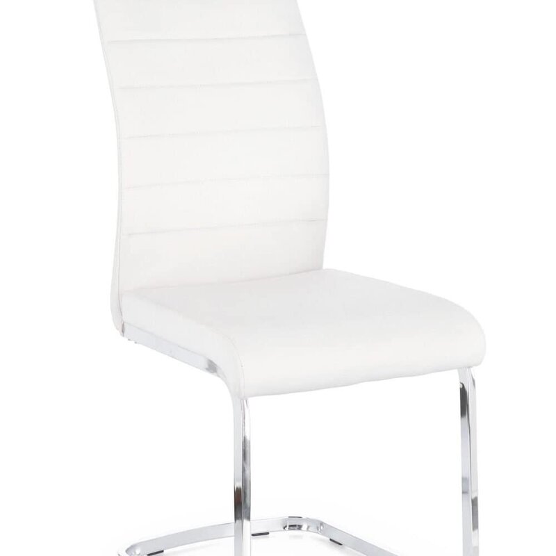Sedia moderna bianca con rivestimento in tessuto e struttura in metallo lucido, perfetta per arredi eleganti.