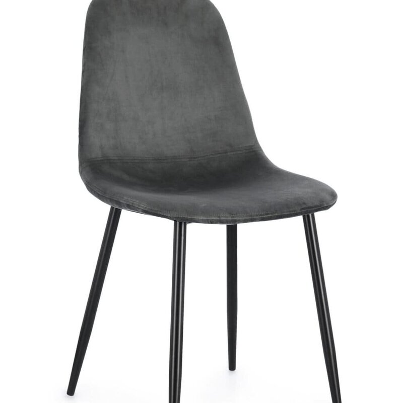 Sedia design con gambe nere e rivestimento in velluto grigio elegante.