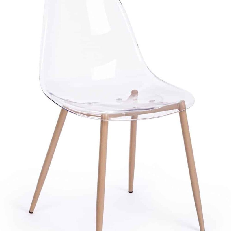 Sedia in plastica trasparente con gambe in legno per arredamento elegante e funzionale.