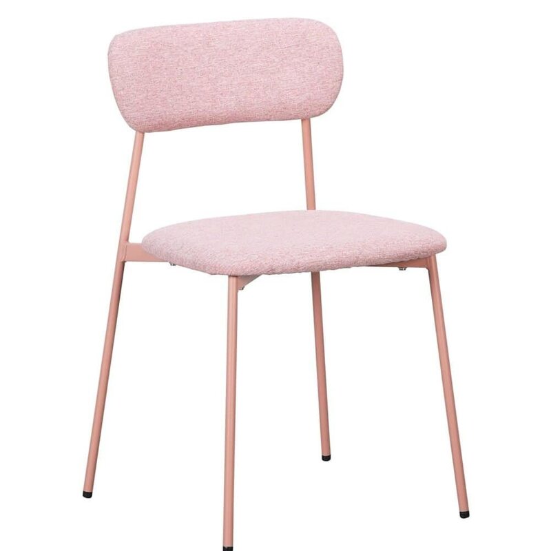 Sedia moderna in tessuto rosa con struttura in metallo elegante.