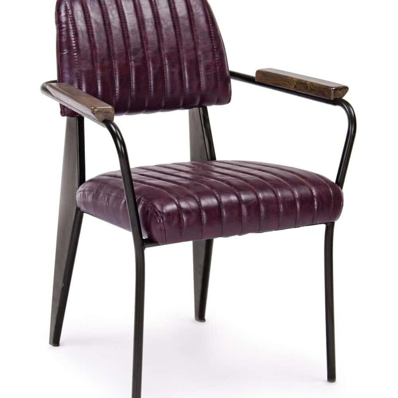 Sedia in pelle bordeaux con struttura in metallo e braccioli in legno, stile anni '70. Perfetta per ambienti rétro e moderni.