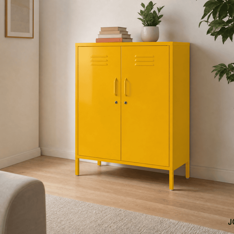 Bright yellow cabinet with two doors in a living room, with a tall plant in a woven basket nearby and books on top.