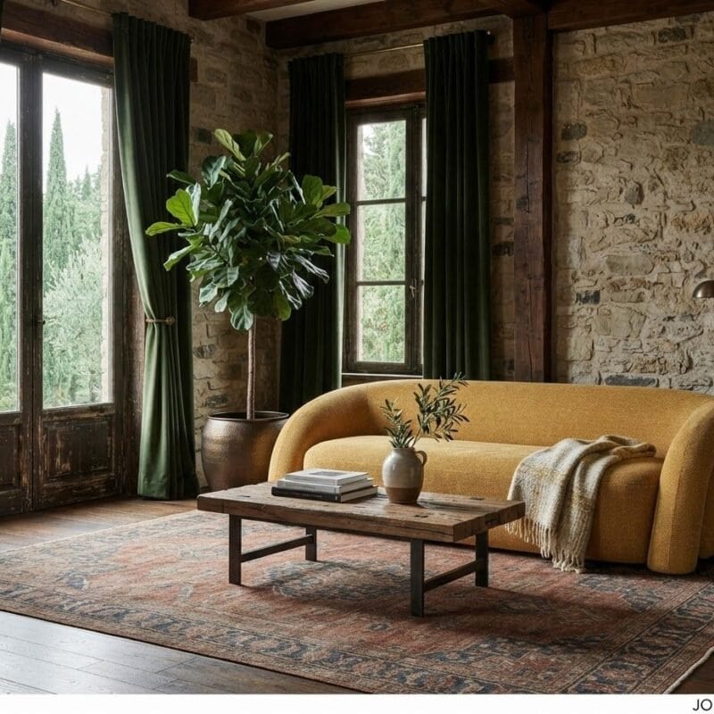 Rustic living room with stone walls, tall windows with dark green curtains, a mustard-yellow curved sofa, and a wooden coffee table on a patterned rug.