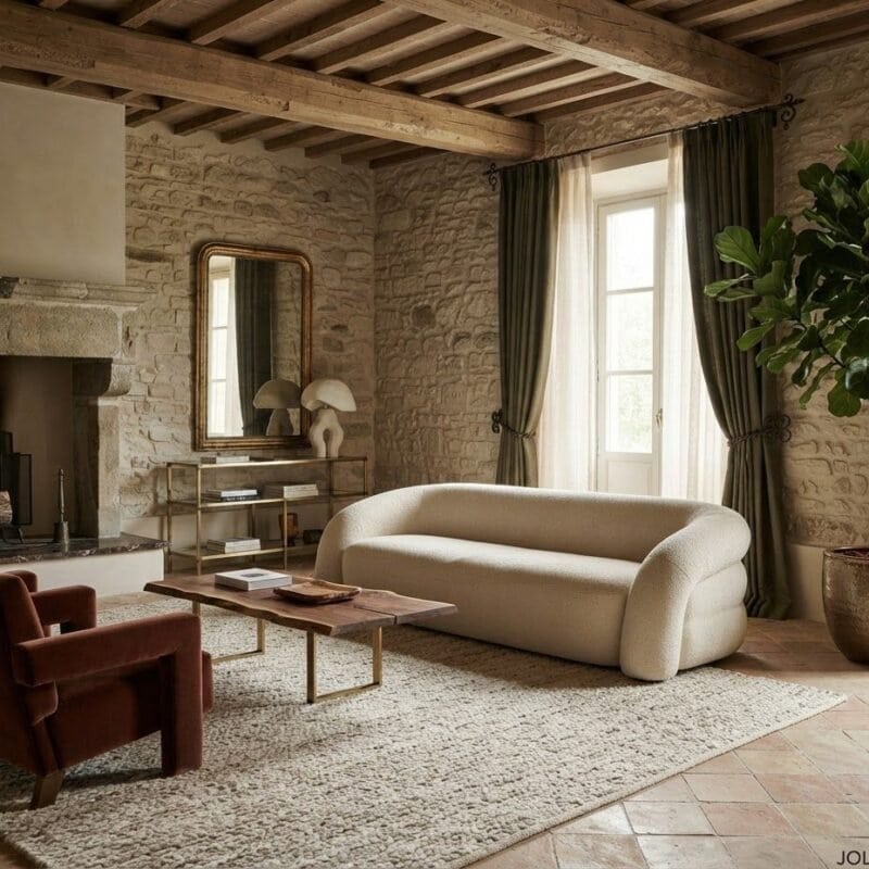 Rustic living room with stone walls, exposed wooden beams, a cream curved sofa, red armchairs, and a large potted plant by the window.