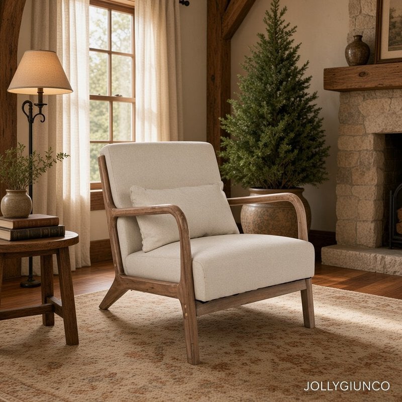 Cozy living room with a beige upholstered armchair, wooden frame, a side table with books, and an evergreen tree by a stone fireplace.