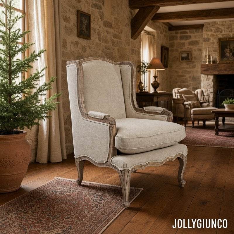 Beige upholstered antique armchair with carved wood frame in a cozy stone-walled living room.