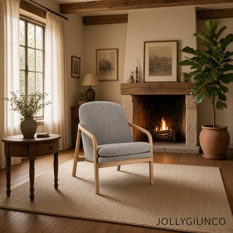 Cozy living room with a light gray upholstered armchair, round wooden side table, and a crackling fire in a rustic stone fireplace surrounded by plants and warm wood beams.