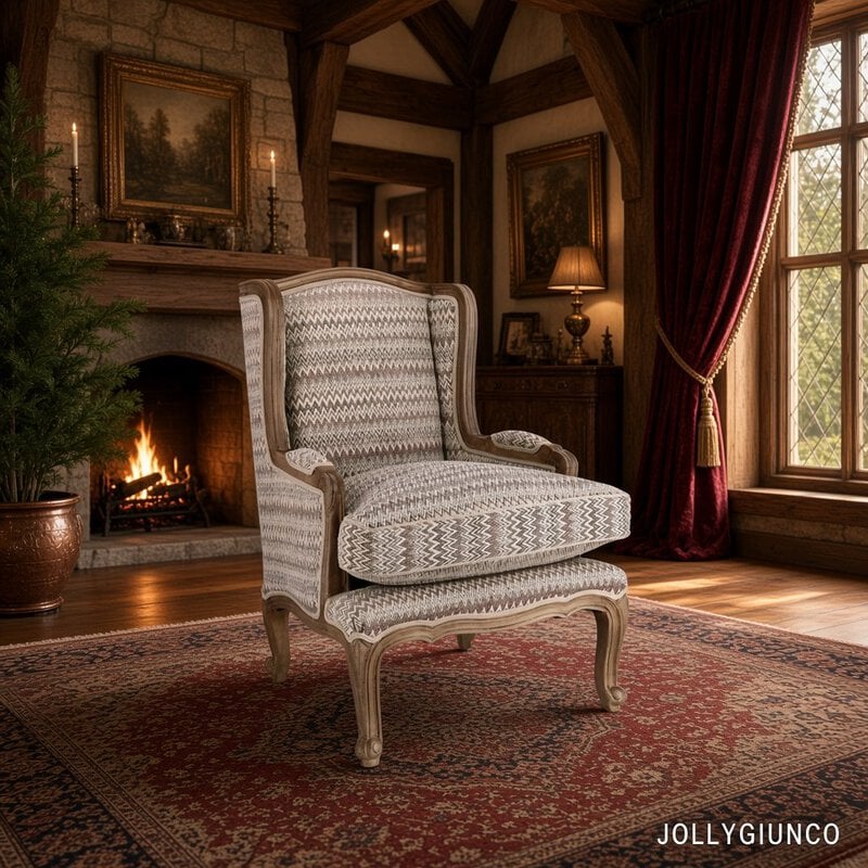 Vintage upholstered armchair with carved wooden legs in a cozy living room featuring a stone fireplace and warm firelight.