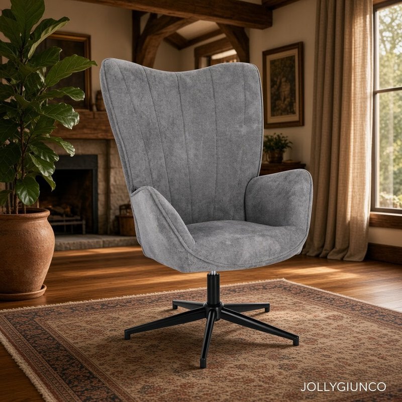 Gray upholstered swivel armchair on a black five-point base, placed on a patterned rug in a cozy living room with a fireplace and plant nearby.