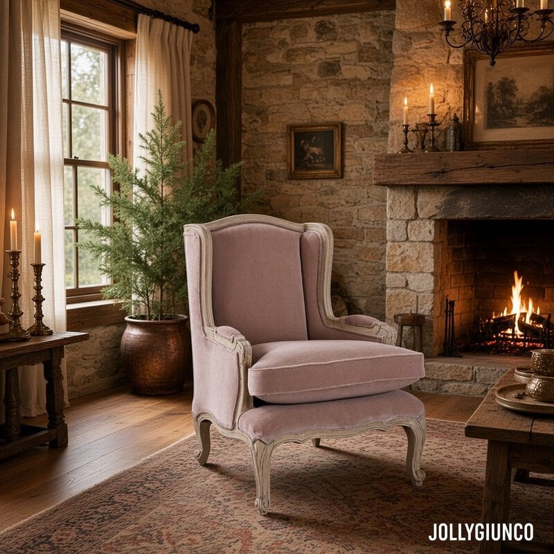 Cozy rustic living room with a pink upholstered armchair by a lit stone fireplace and candlelit decor.