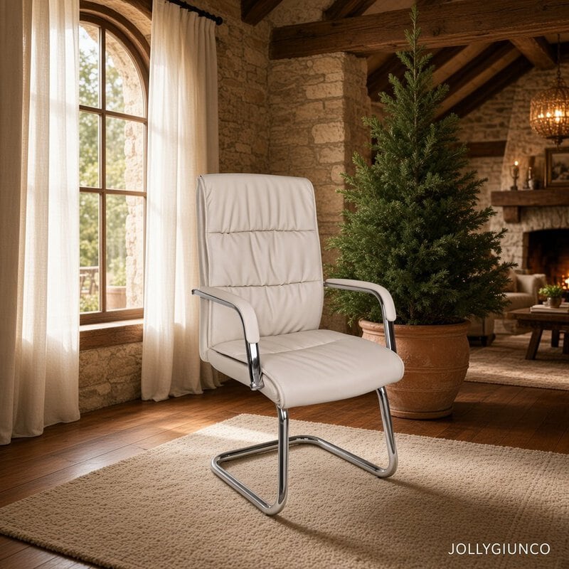 White upholstered office chair with chrome cantilever base sits on a beige rug in a cozy rustic living room near a window and potted Christmas tree.