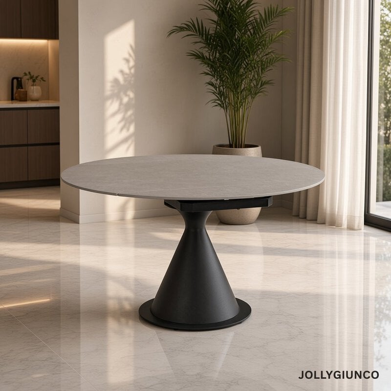 Round marble-topped pedestal table in a bright living room with a tall plant and floor-to-ceiling windows.