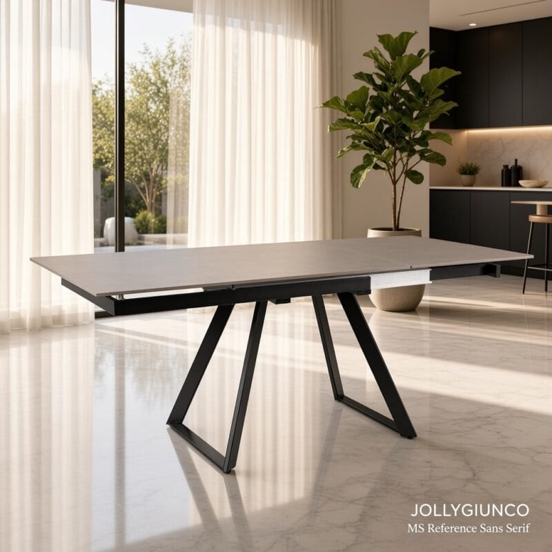 Modern rectangular dining table with black angled legs in a bright open-plan room with a large plant and kitchen in the background.