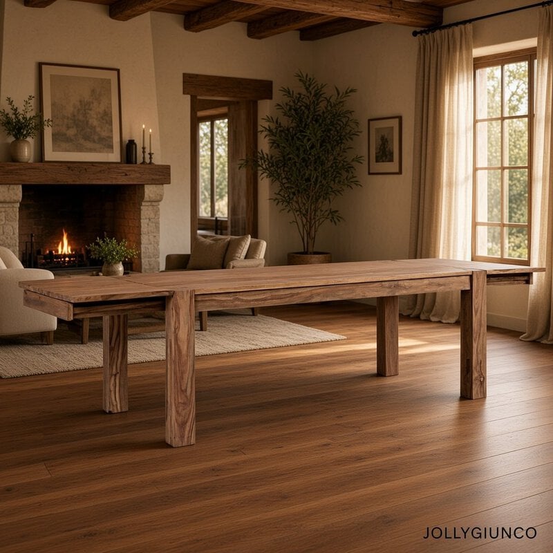 Cozy living room with a large rustic wooden table in the foreground and a lit stone fireplace in the background in warm natural light.