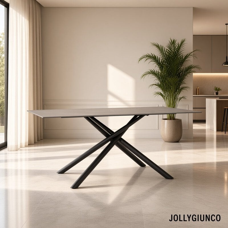 Modern dining table with crisscross black legs in a sunlit open-plan room; a tall potted plant and kitchen area visible in the background.