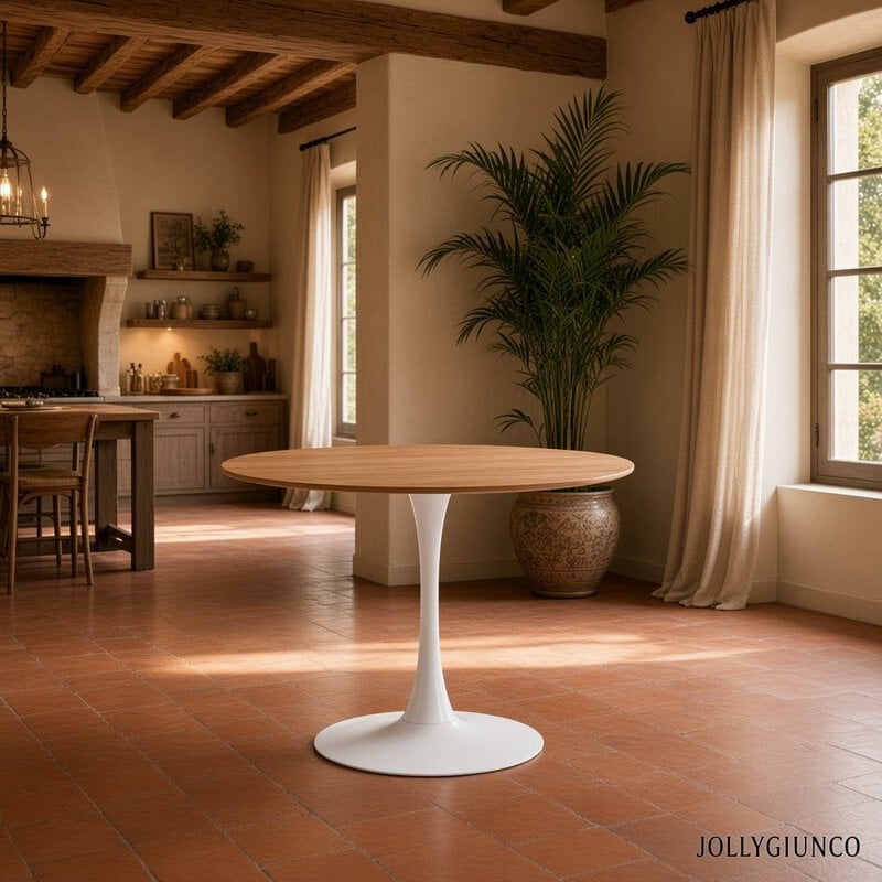 Sunlit rustic kitchen with a round wooden table on a white pedestal base, terracotta floor, and a tall potted palm by a window.