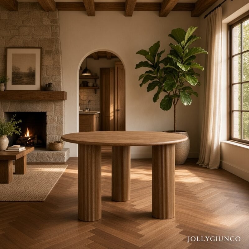 Warm living room with a round wooden table, stone fireplace, and a tall potted fiddle-leaf fig near a window, sunlit and cozy