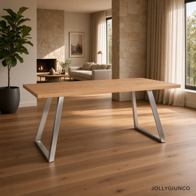 Rectangular oak dining table with angular metal legs in a bright modern living room.