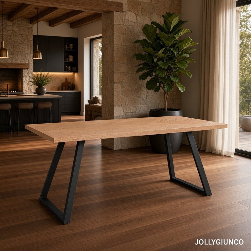Modern wooden dining table with black metal angled legs in an open-plan living space with stone walls and a large potted plant nearby
