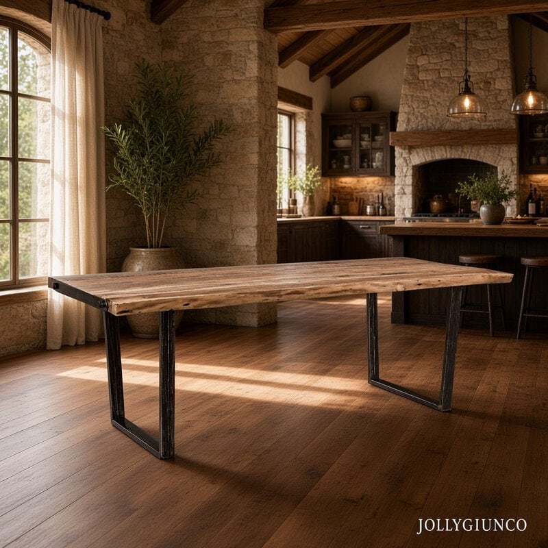 Rustic kitchen with a long wooden table, stone walls, and wooden beams, sunlit from a large window.