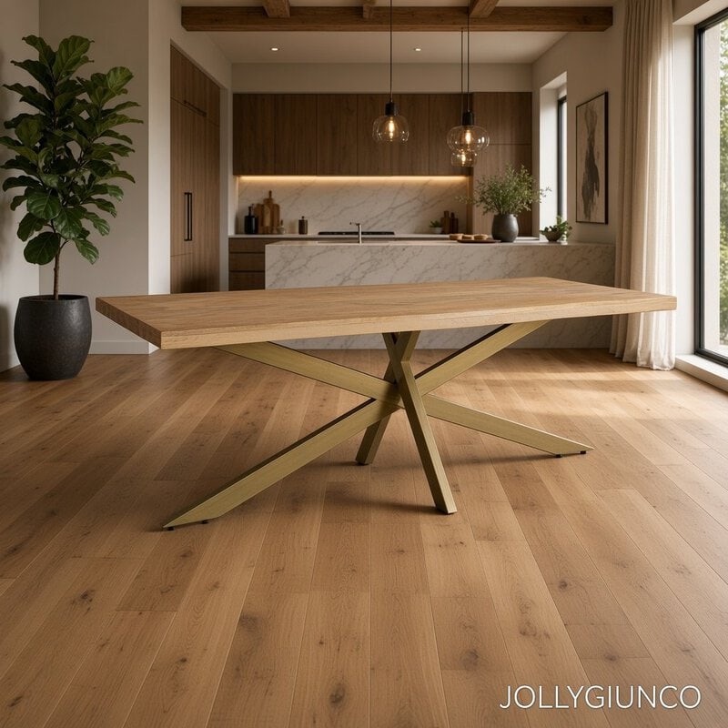 Modern dining table in a bright open-plan kitchen with wooden floors, marble backsplash, and pendant lights overhead.