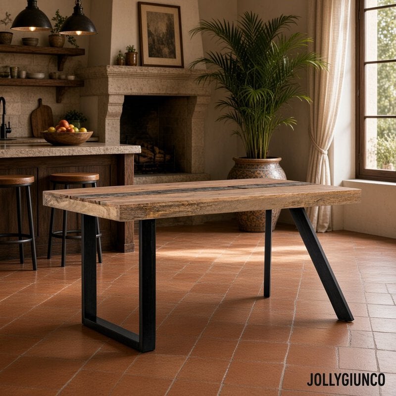 Rustic wooden dining table with black metal legs in a sunlit kitchen and living area with terracotta floor tiles and a plant nearby