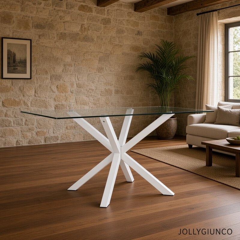 Modern glass dining table with white angular X-shaped legs in a cozy living room.