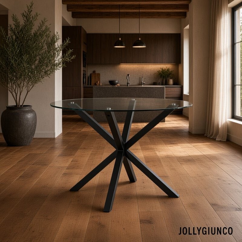 Round glass dining table with a sculptural black metal X-frame base in a warm, open-plan kitchen and living space.